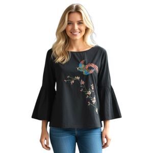 Jealous Tomato Washed Black Bell Sleeve Embroidered Boho Top Medium